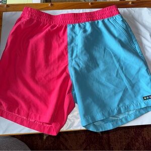 ALab Color Block Pink and Blue Mens Large Swim Shorts Elastic Band w Drawstring